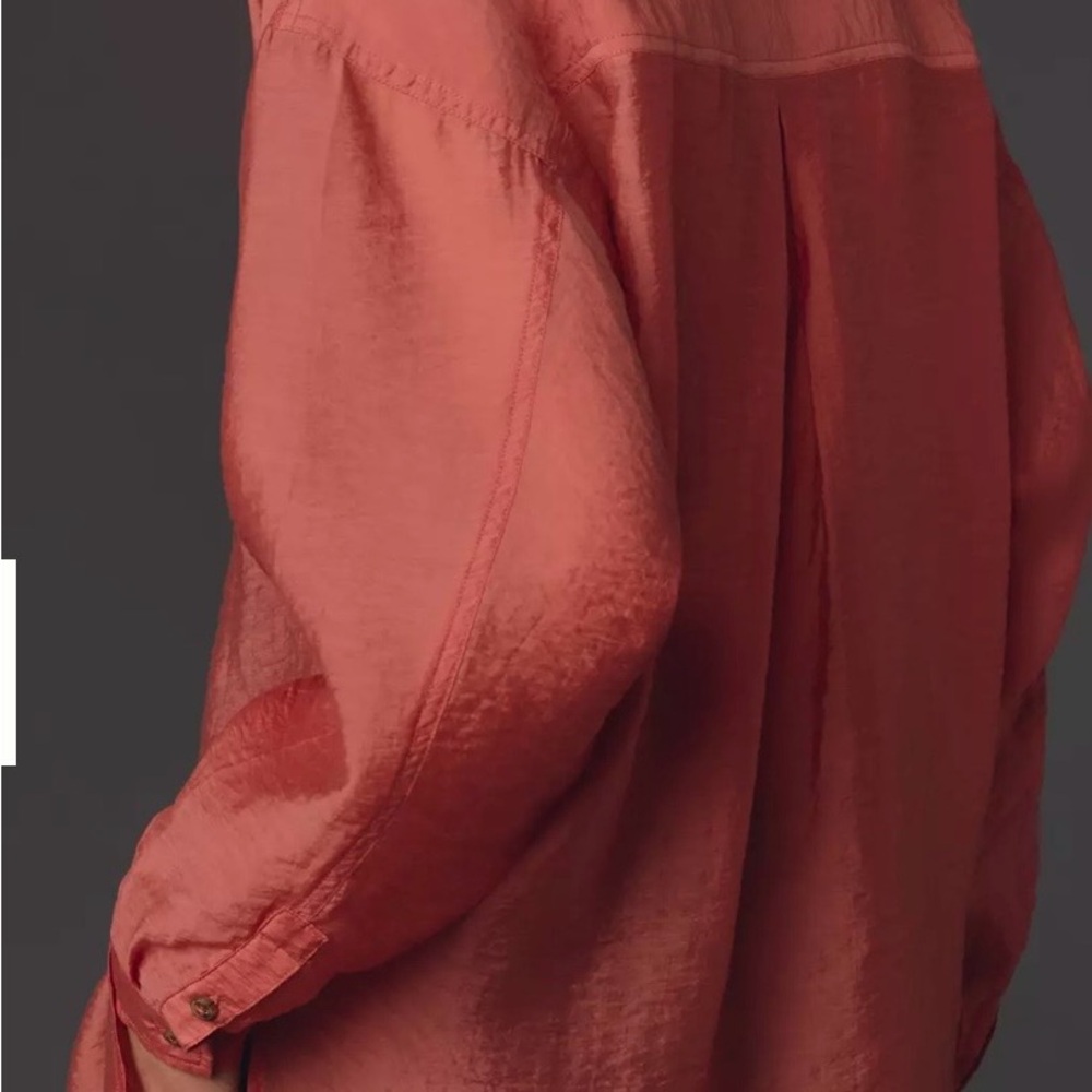 Anthropologie Sz L Coral Pink Relaxed Glossy Classic Oversized Button Blouse - Picture 2 of 8